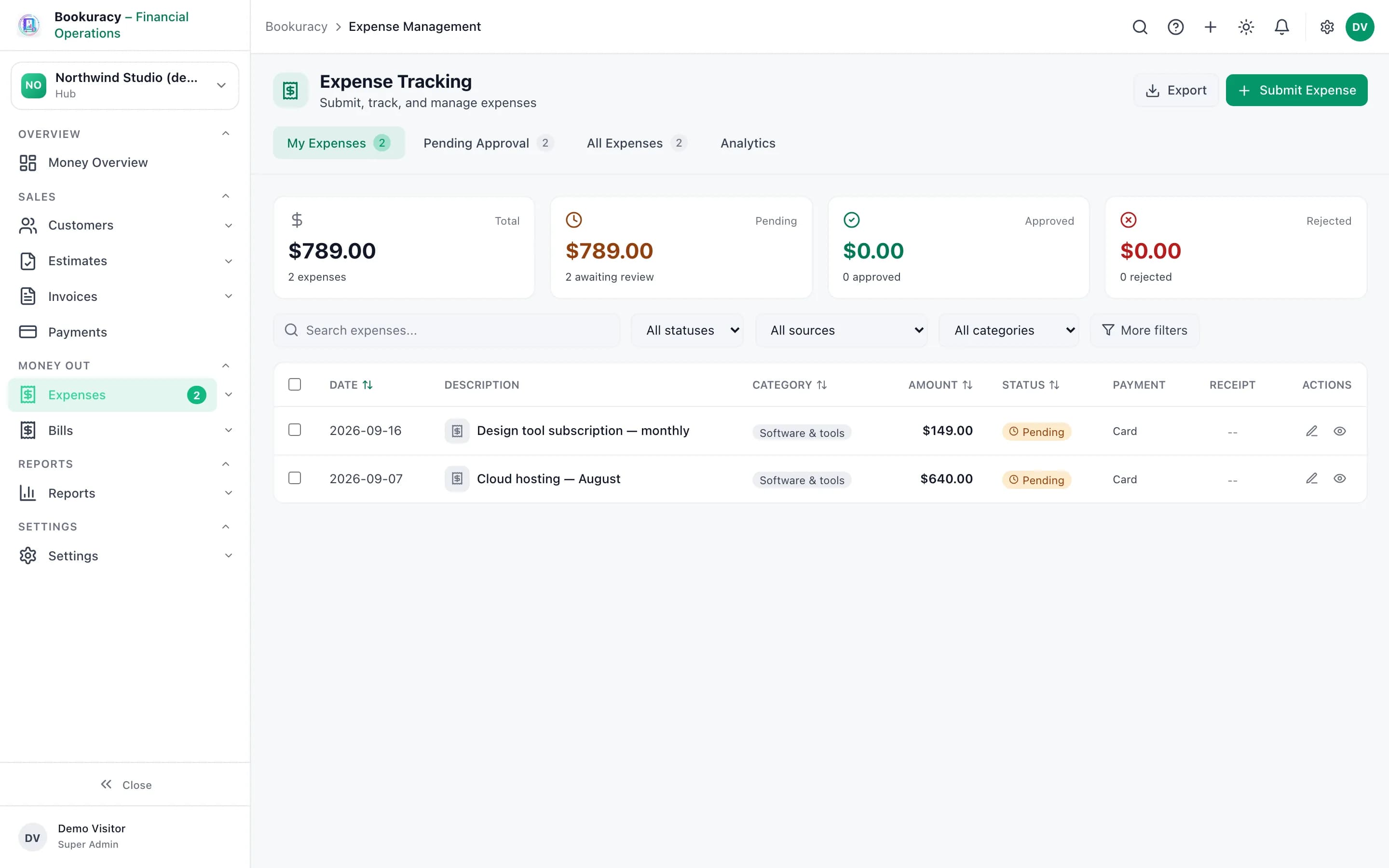 Bookuracy Expenses screen with totals by status and two expenses pending approval