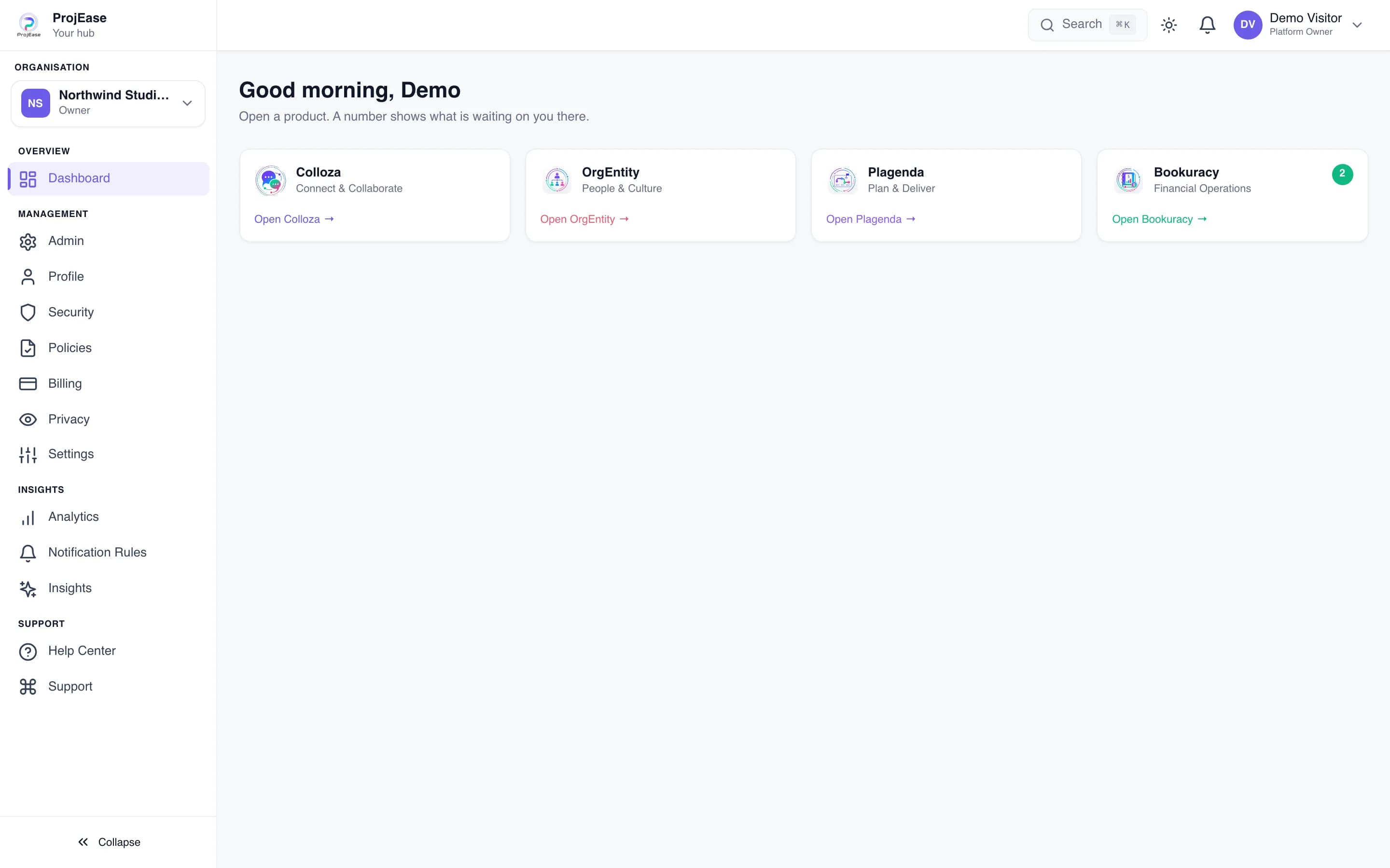 The Hub dashboard with a card per product and a count of what is waiting in each