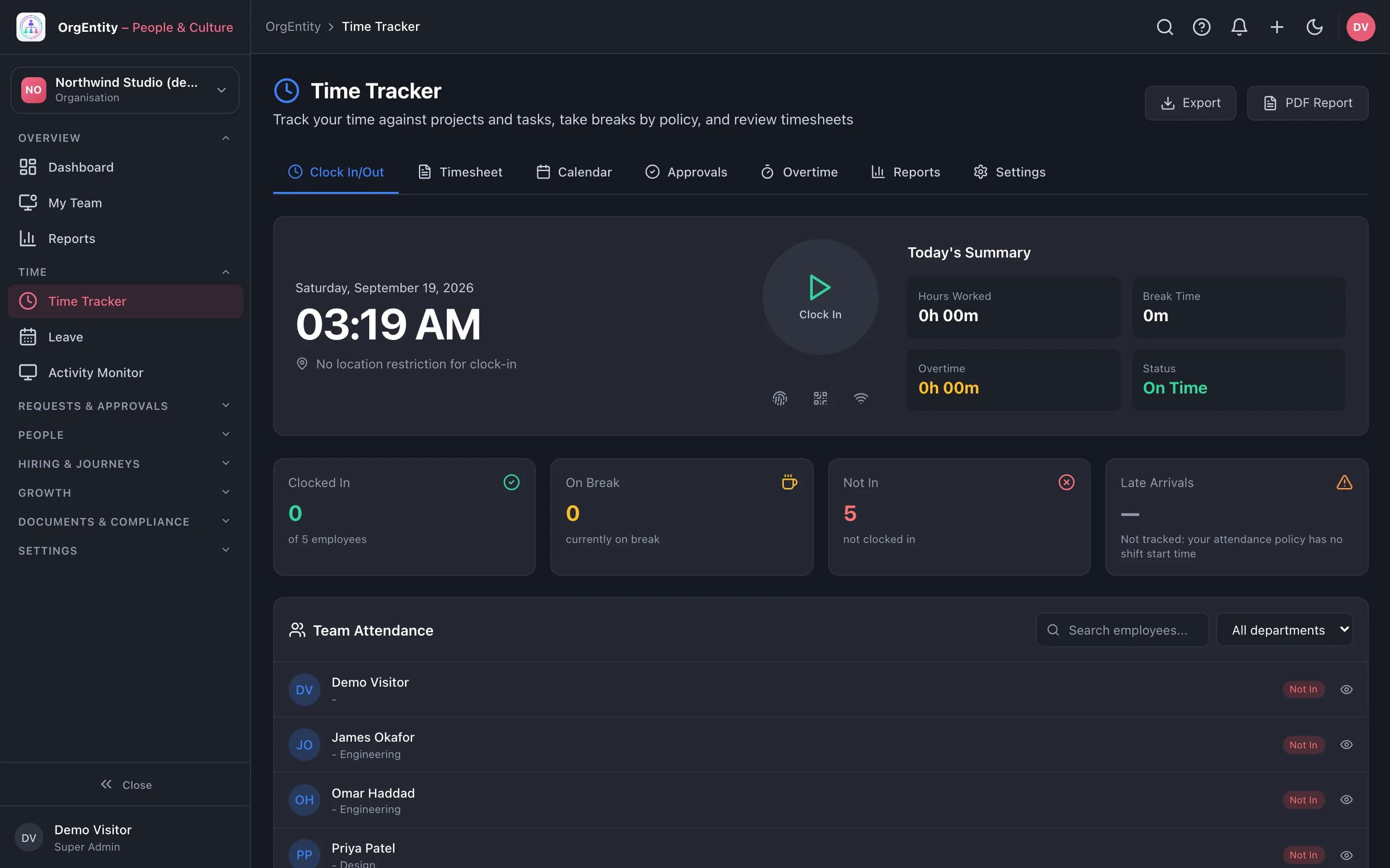 OrgEntity Time Tracker with clock in, today’s summary and team attendance, from the demo sandbox