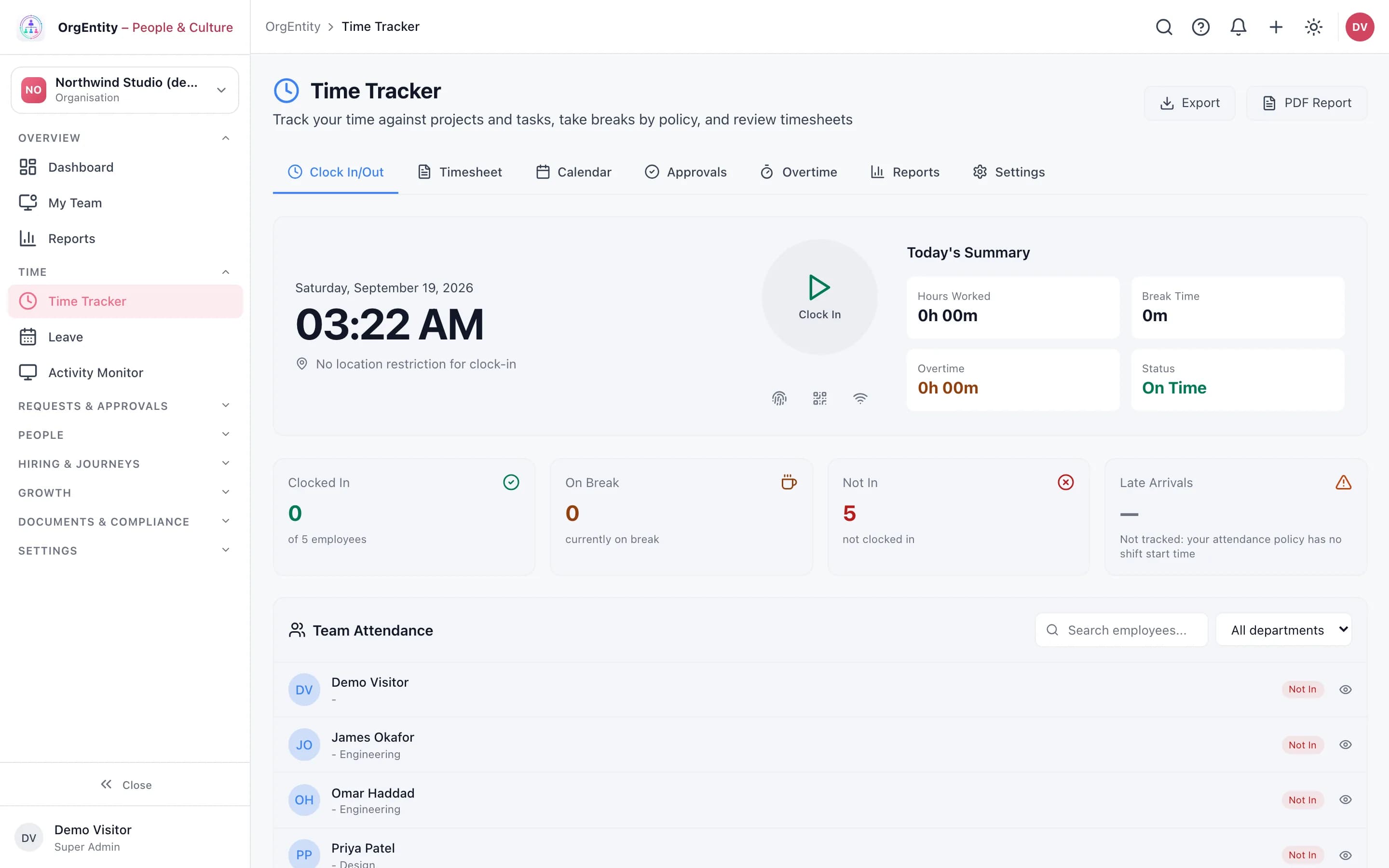 OrgEntity Time Tracker with clock in, today’s summary and team attendance, from the demo sandbox
